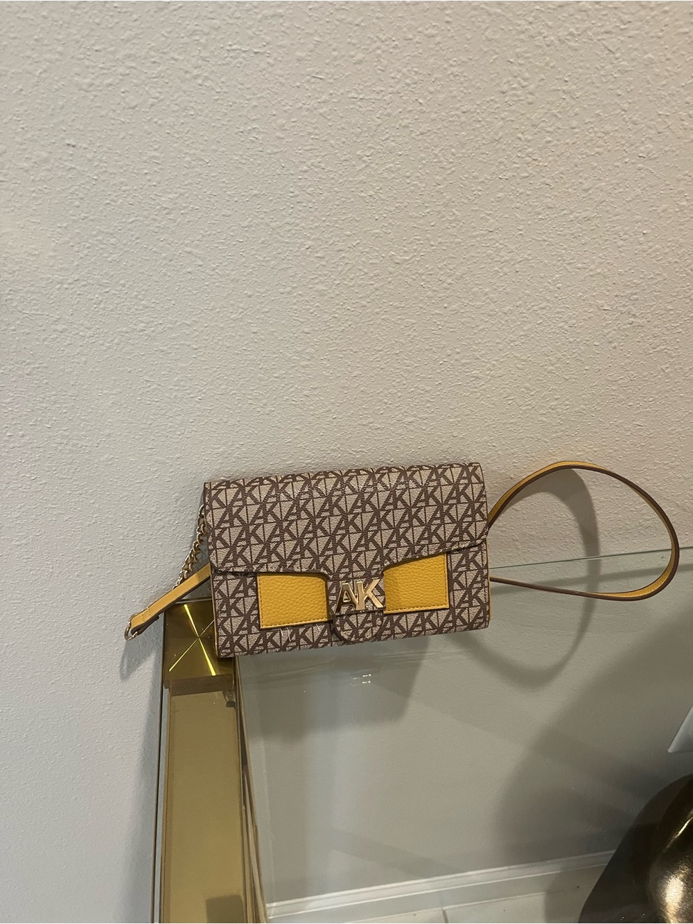 Anne Klein Brown Logo Crossbody with Yellow Accents